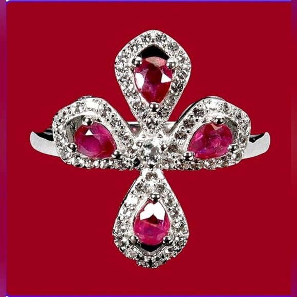 925 Sterling Silver Ring Sz 6.75 with Natural Ruby 4x3mm & White Topaz Gems - Picture 1 of 2